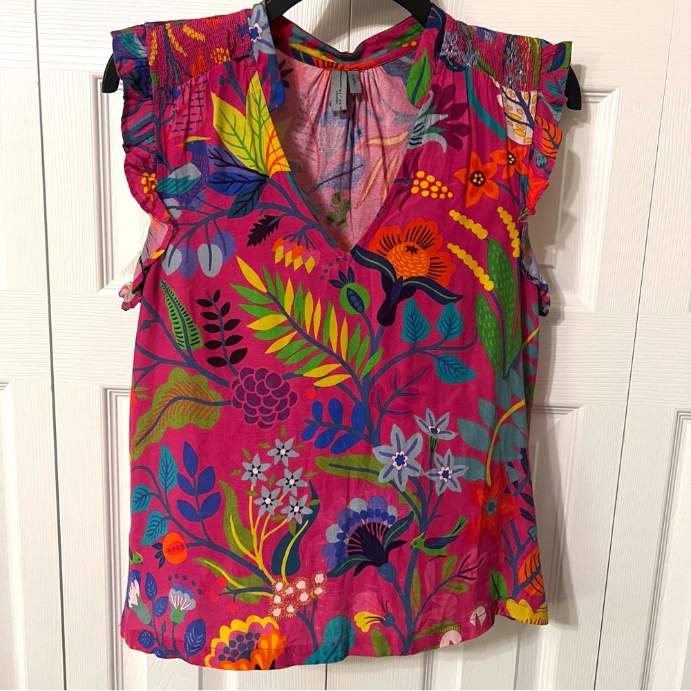 Blank London Pink Smocked Shoulder Floral Tropical Print Top Ruffle Sleeves XS